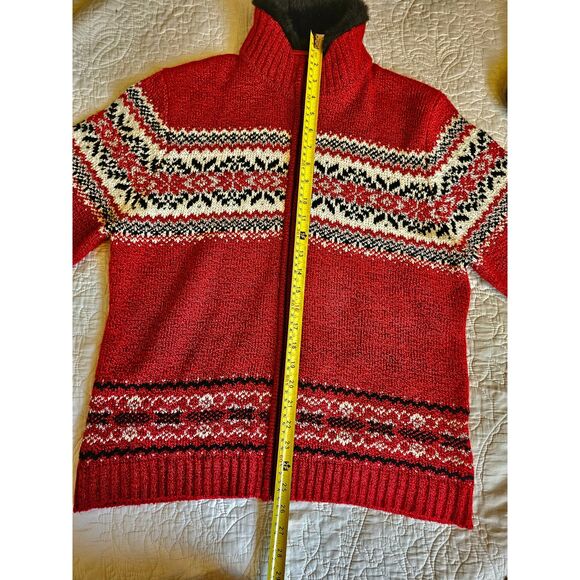 Vintage Carolyn Taylor Red Nordic Zip Up Christmas Sweater Faux Fur Collar Sz L - Picture 5 of 10